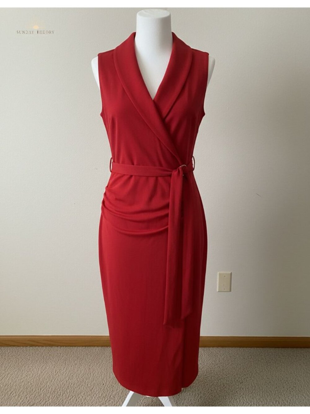 Womens V-Neck Bodycon Midi Work Dress Sleeveless Ruched Belted Office